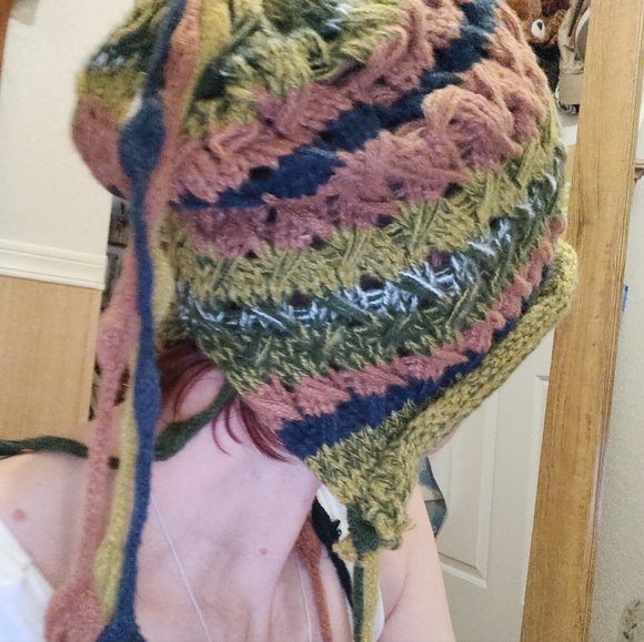 hand-crocheted multicolor beanie with ear flaps and tassel details. - Picture 4 of 6